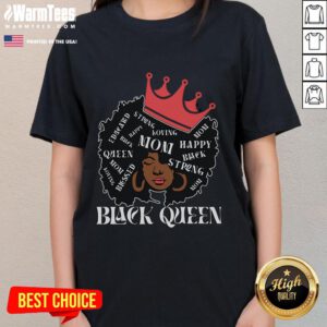 Happy Black Queen Mom celebrating Mother's Day in a stylish ladies tee, showcasing love and pride in motherhood.