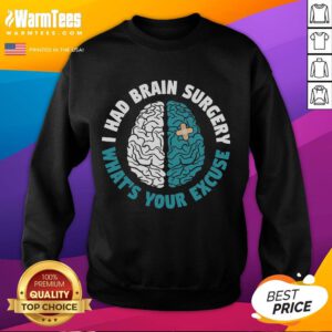 Happy Recovery sweatshirt for brain surgery survivors, featuring bold text: 'I Had Brain Surgery, What's Your Excuse?'