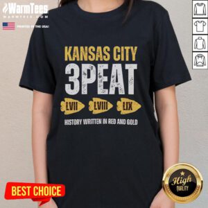 Hot Kansas City 3-Peat Super Bowl Champions history in red and gold on a stylish ladies tee.