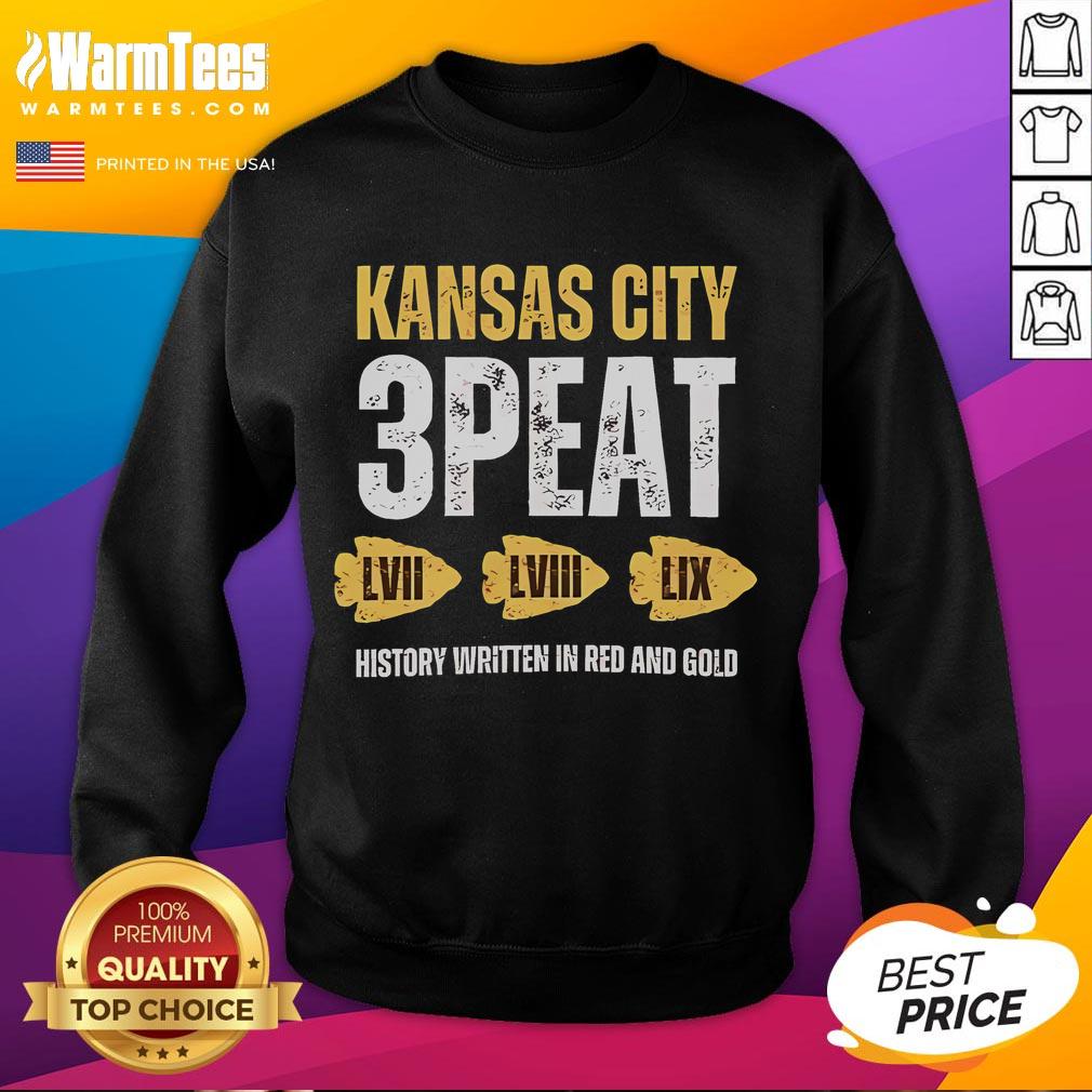 Hot Kansas City 3-Peat Super Bowl Champions sweatshirt in red and gold, celebrating the team's historic victories.
