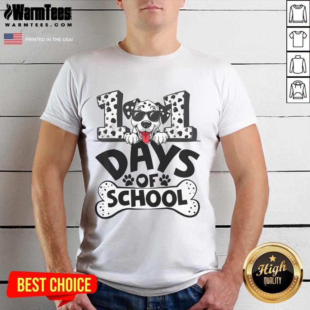 Dalmatian dog wearing a festive shirt celebrating 100 Days of School for kids - perfect 100th day of school outfit.