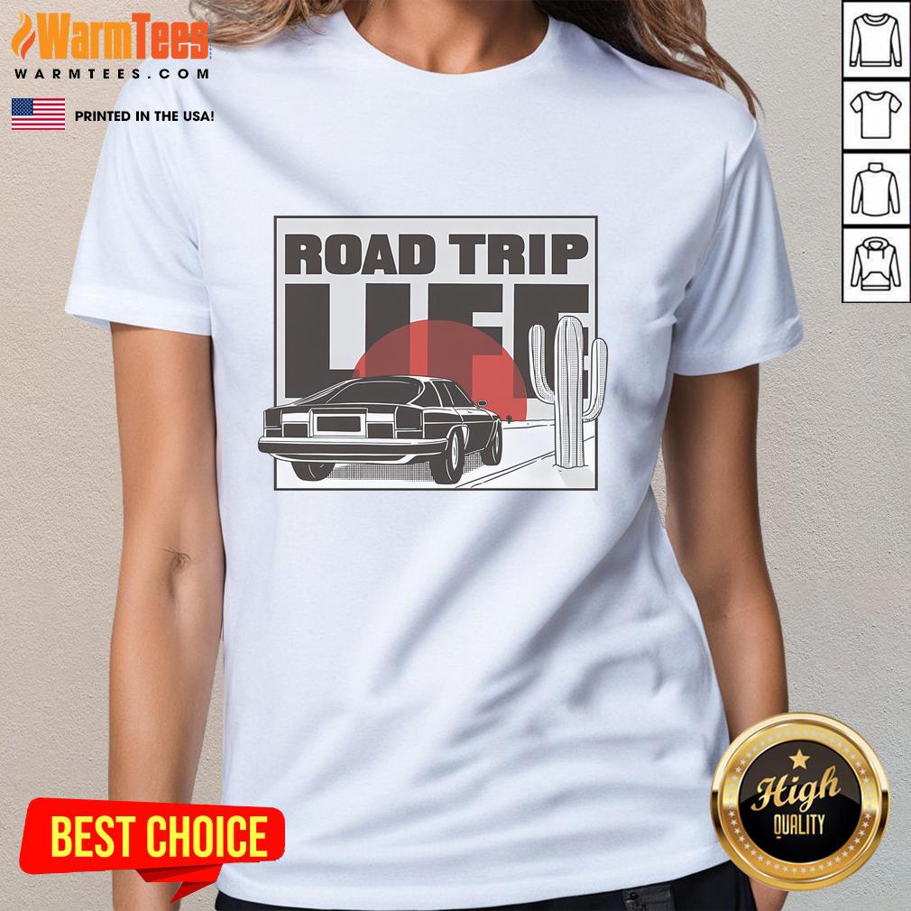 Vintage car on a sunset road trip with friends, capturing the essence of adventure and freedom. Nice Road Trip Life Tee.