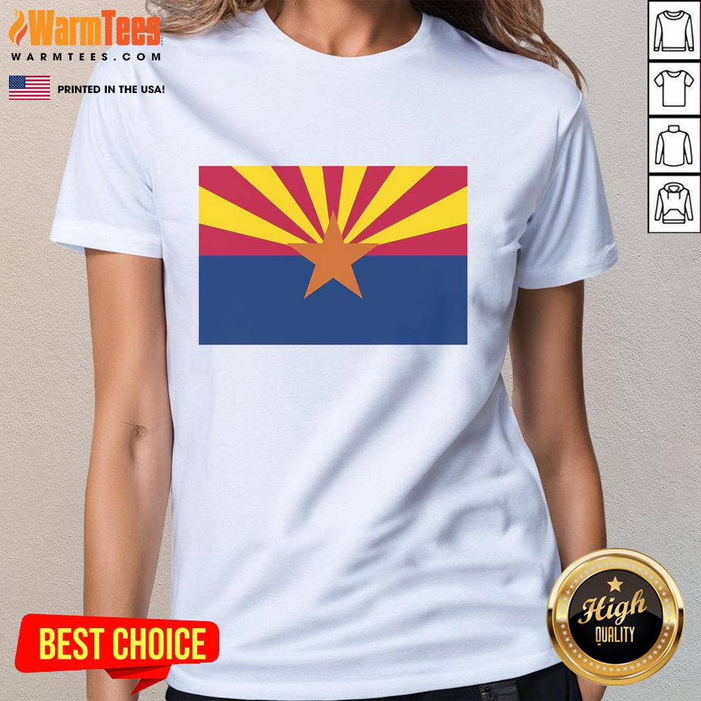 Official Arizona Flag Ladies Tee showcasing vibrant colors and state emblem, perfect for proud Arizona residents.