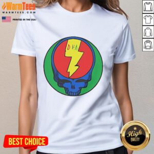 Official Grateful Dead DFA Records Pinwheel Stealie Ladies Tee featuring iconic Stealie design in vibrant colors.
