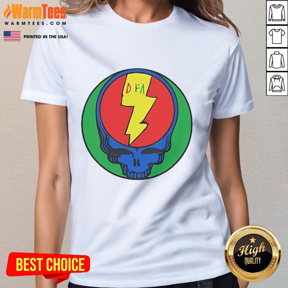 Official Grateful Dead DFA Records Pinwheel Stealie Ladies Tee featuring iconic Stealie design in vibrant colors.