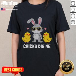 Awesome Chicks Dig Me Easter Bunny Ladies Tee featuring a playful bunny design for festive spring celebrations.