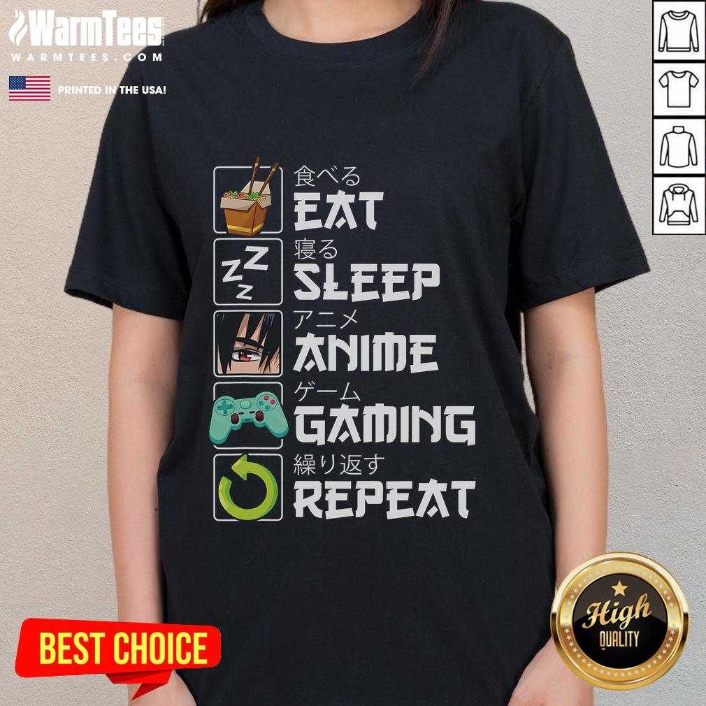 Awesome Eat Sleep Anime Gaming Repeat Kawaii Otaku Tee featuring vibrant design for anime and manga lovers.