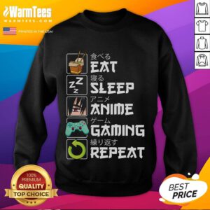 Kawaii Otaku anime sweatshirt featuring 'Eat Sleep Anime Gaming Repeat' design in vibrant colors.