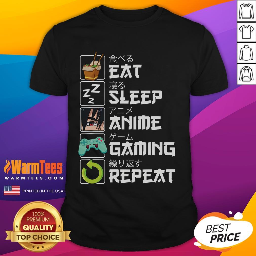 Alt Text: Awesome Eat Sleep Anime Gaming Repeat Kawaii Otaku Anime Manga T-Shirt featuring vibrant graphics and playful design.