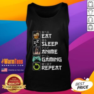 Kawaii Otaku anime tank top featuring 'Eat Sleep Anime Gaming Repeat' design, perfect for manga and gaming enthusiasts.