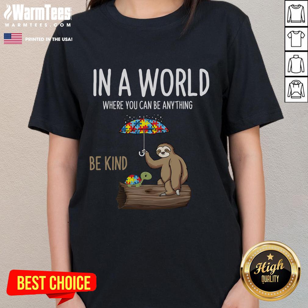 Autism awareness tee featuring a sloth and turtle with the phrase 'Be Kind' promoting kindness and acceptance.