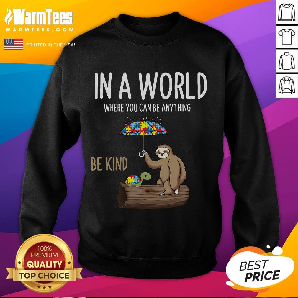 Sloth and turtle sweatshirt featuring 'Be Kind' for Autism Awareness in a colorful design, promoting kindness and acceptance.