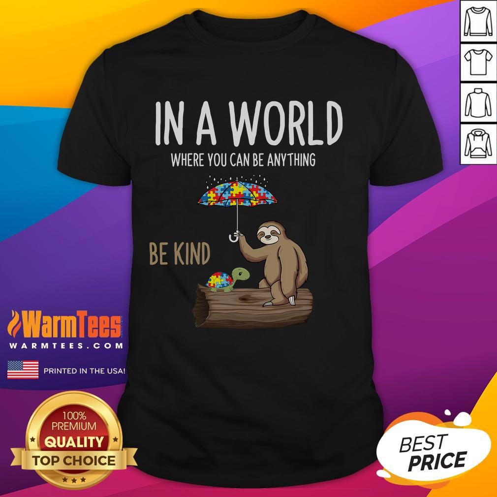 Awesome Autism Awareness T-Shirt featuring a sloth and turtle with the quote 'Be Kind' in a vibrant design.