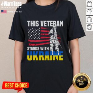 Awesome veteran stands proudly wearing a Ukraine-themed ladies tee, showcasing support for Ukraine and its people.