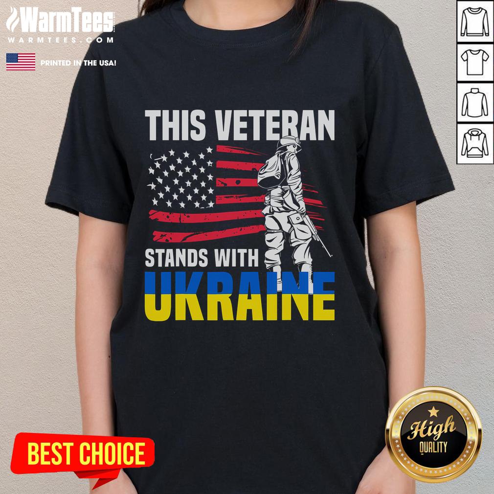 Awesome veteran stands proudly wearing a Ukraine-themed ladies tee, showcasing support for Ukraine and its people.
