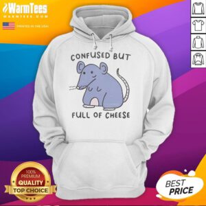 Alt Text: Cute confused rat wearing a cozy cheese-themed hoodie, showcasing adorable design for animal lovers and fashion enthusiasts.