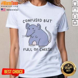 Cute confused rat graphic on a ladies tee, full of cheese design, perfect for animal lovers and quirky fashion.