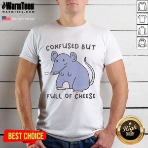 Alt Text: Cute confused rat wearing a cheese-themed t-shirt, showcasing adorable charm and playful style. Perfect for cheese lovers!