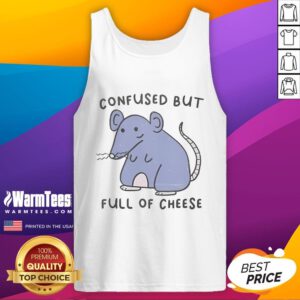 Alt Text: Cute confused rat in a tank top, playfully showcasing its love for cheese with a charming expression.