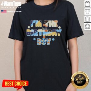 Alt Text: Cute I'm the Birthday Boy Bluey Dog Ladies Tee featuring a playful Bluey design perfect for birthday celebrations.