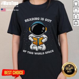 Alt Text: Cute astronaut reading a book in space, featured on a ladies' tee, perfect for book lovers and space enthusiasts.