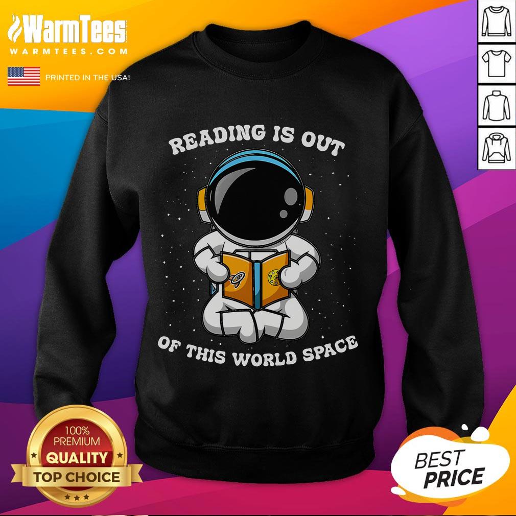 Alt Text: Cute astronaut sweatshirt featuring a whimsical design of a space-themed reading scene, perfect for book lovers.
