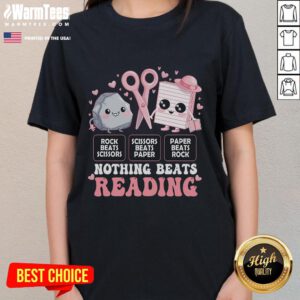 Adorable 'Nothing Beats Reading' ladies tee featuring a fun rock-paper-scissors graphic, perfect for book lovers.
