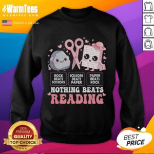 Cute Rock Paper Scissors sweatshirt featuring 'Nothing Beats Reading' design, perfect for book lovers and gamers.