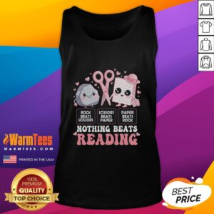 Cute Rock Paper Scissors tank top with 'Nothing Beats Reading' graphic, perfect for book lovers and casual wear.