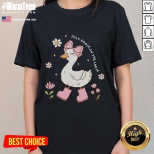 Cute silly goose on the loose in a Coquette bow on a ladies tee, perfect for playful fashion lovers.