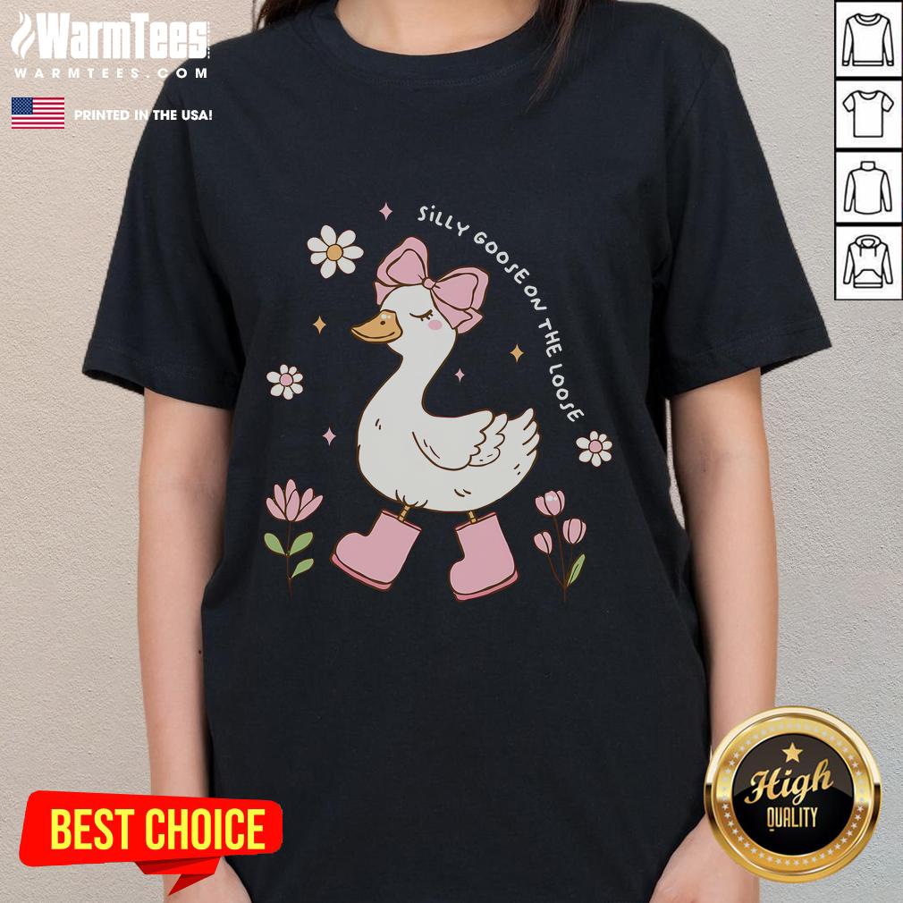 Cute silly goose on the loose in a Coquette bow on a ladies tee, perfect for playful fashion lovers.