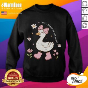 Alt Text: Cute silly goose wearing a Coquette bow on a loose sweatshirt, perfect for playful fashion lovers.