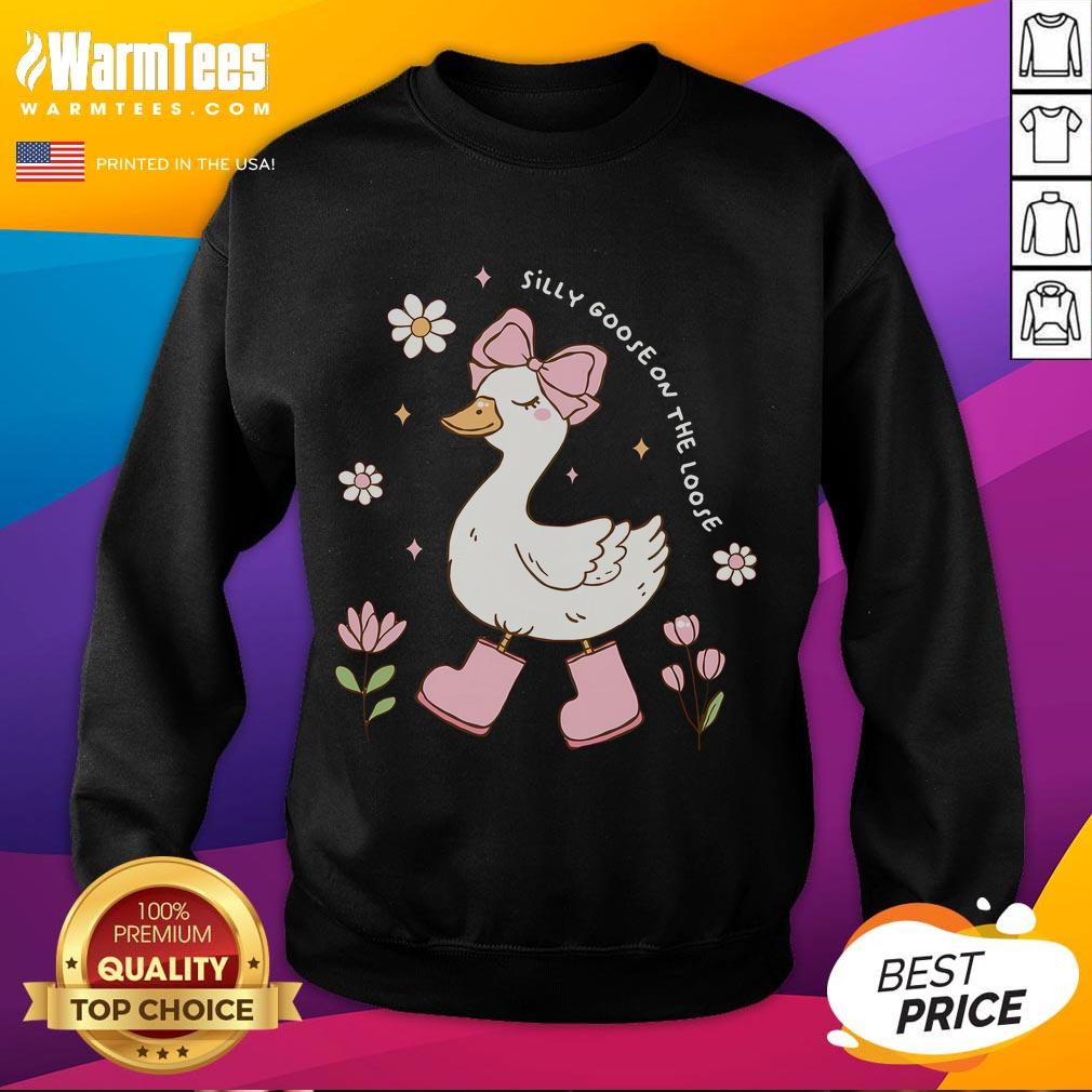 Alt Text: Cute silly goose wearing a Coquette bow on a loose sweatshirt, perfect for playful fashion lovers.