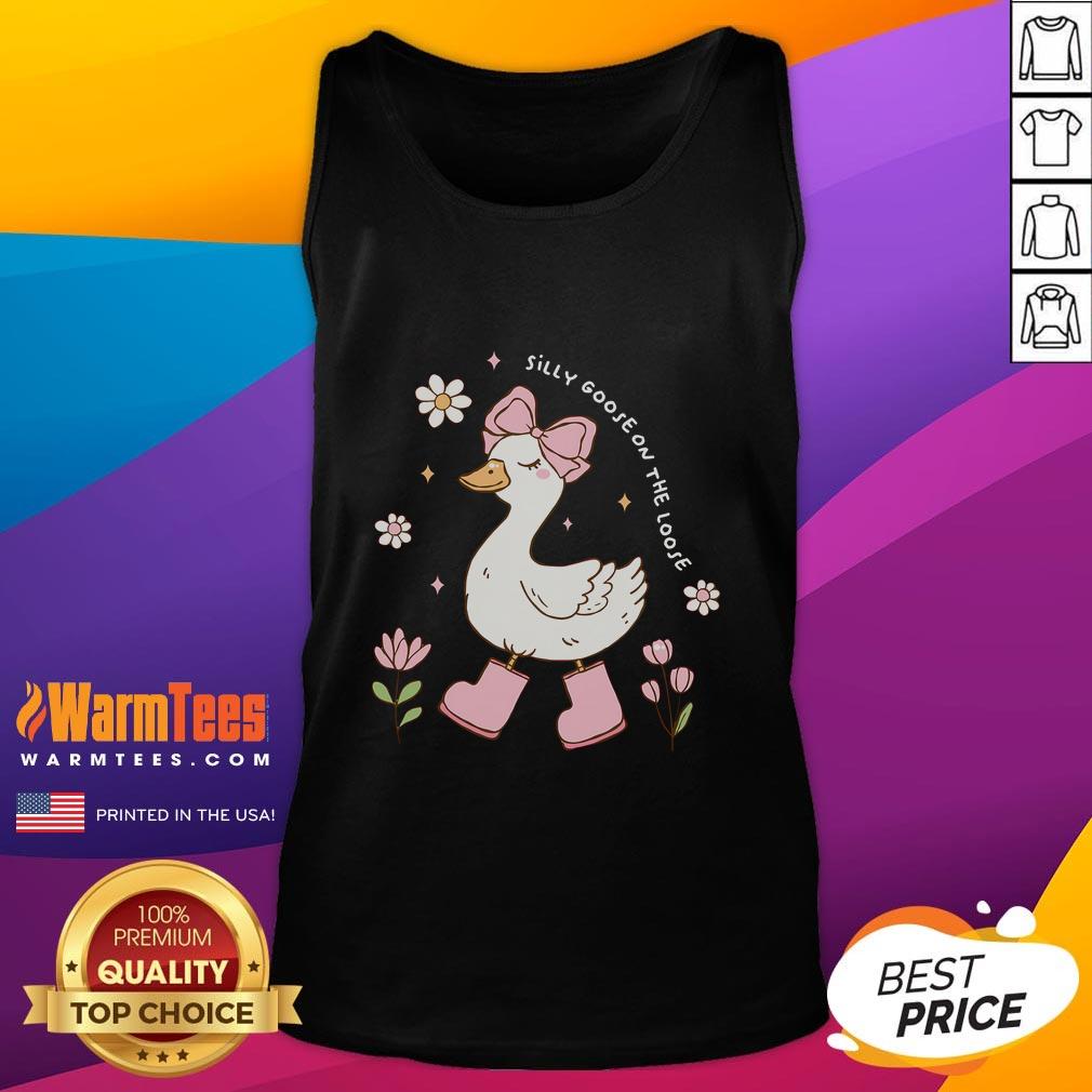 Cute silly goose on the loose wearing a stylish Goose Coquette bow tank top, perfect for casual summer outings.