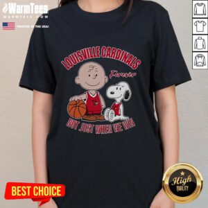 Alt Text: Cute Snoopy and Charlie Brown on a Louisville Cardinals Forever tee, perfect for fans who celebrate all wins.