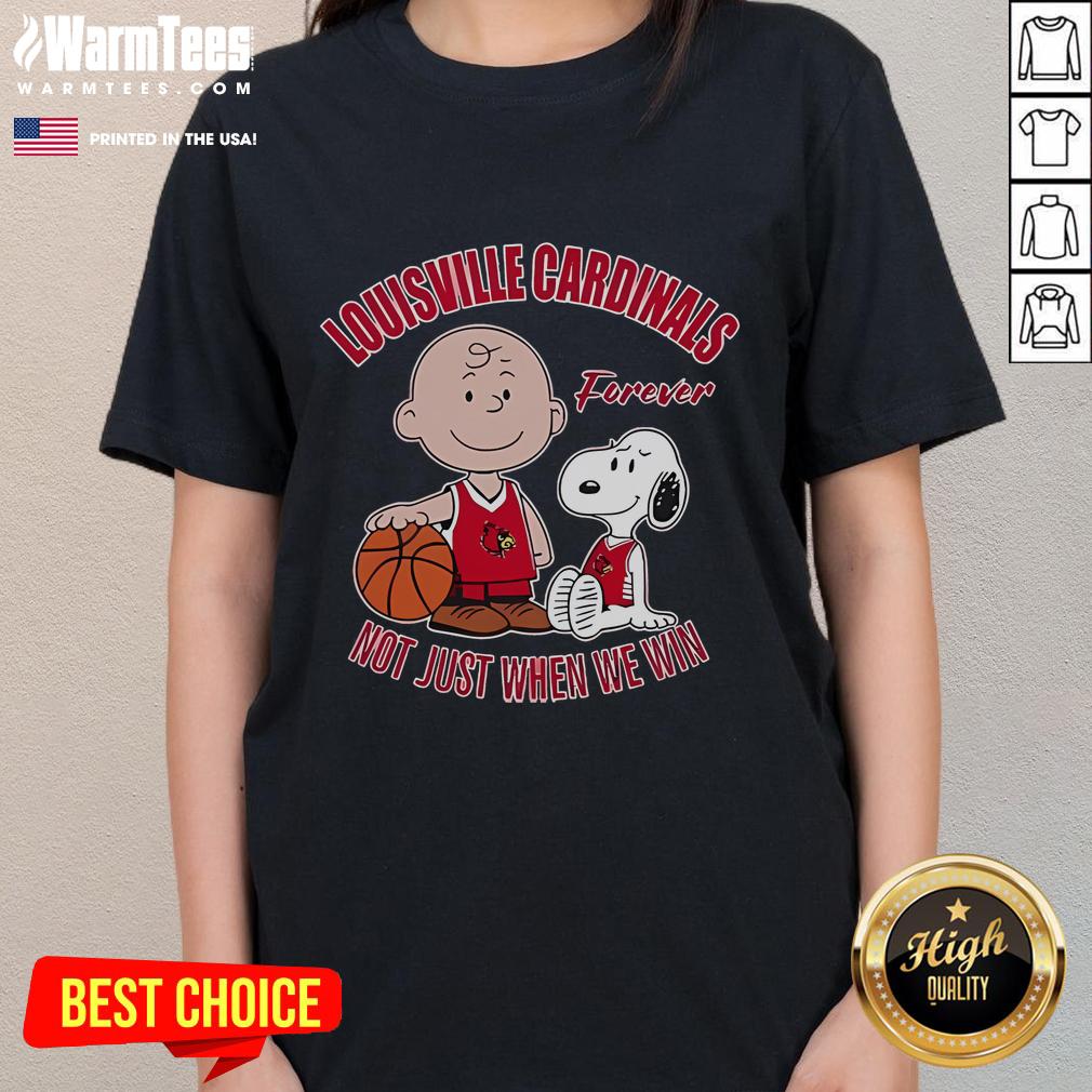 Alt Text: Cute Snoopy and Charlie Brown on a Louisville Cardinals Forever tee, perfect for fans who celebrate all wins.