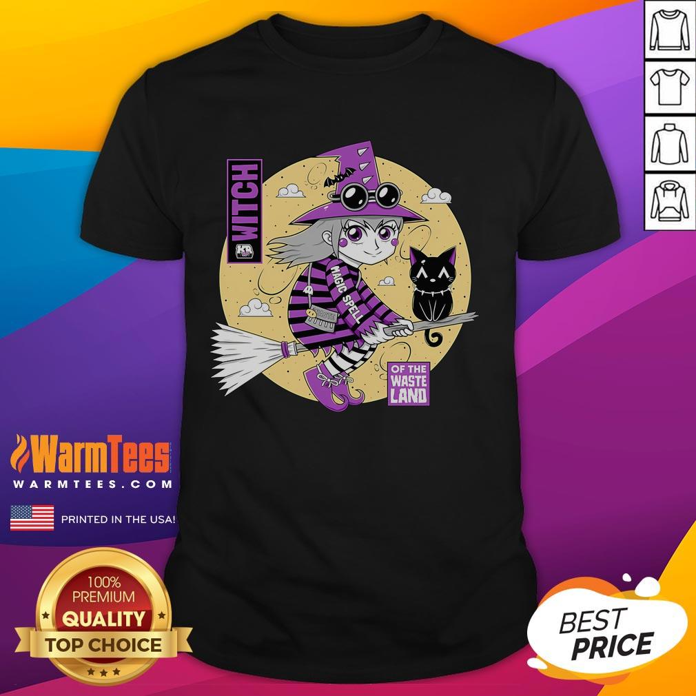 Cute Witch Of The Wasteland T-Shirt featuring a whimsical witch design in a post-apocalyptic landscape.