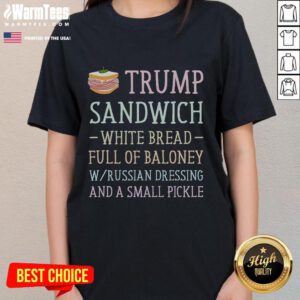 Funny anti-Trump sandwich sign graphic on a ladies tee, showcasing humor and political satire in fashion.