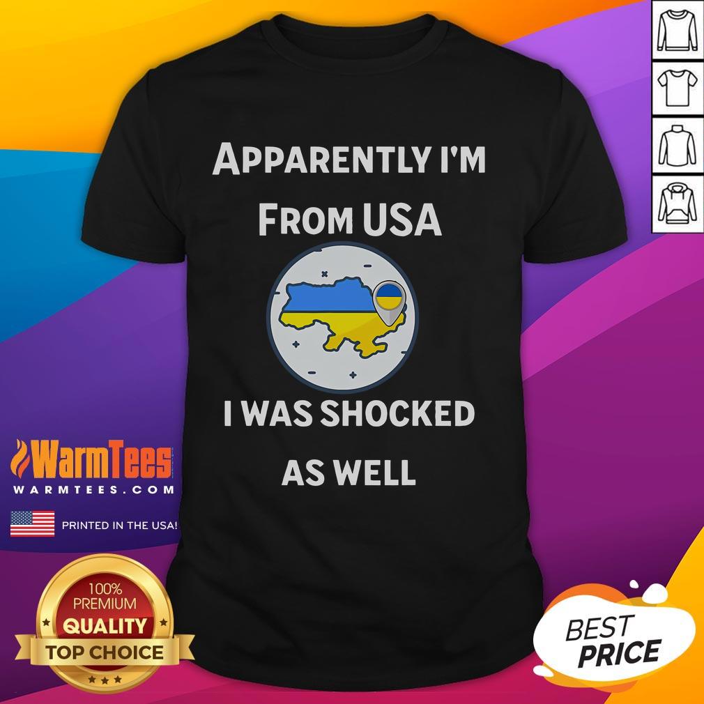 Alt Text: Funny Ukrainian Flag T-Shirt featuring Apparently Im From USA text, perfect for proud Ukrainian-Americans.