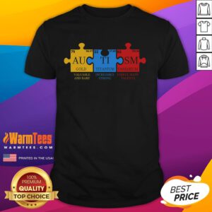 Funny Autism Awareness Chemistry Periodic Table Elets T-Shirt showcasing colorful elements and playful design for autism advocacy.