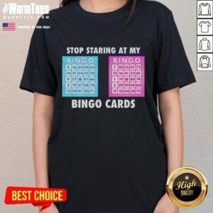 Alt Text: Funny Bingo Queen tee with 'Stop Staring at My Bingo Cards' slogan, perfect for bingo lovers and ladies' casual wear.