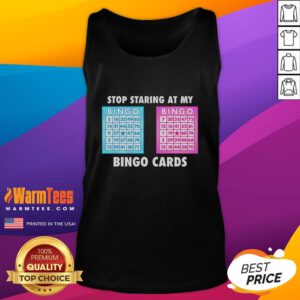 Funny Bingo Queen tank top with 'Stop Staring at My Bingo Cards' slogan, perfect for bingo lovers and game night enthusiasts.