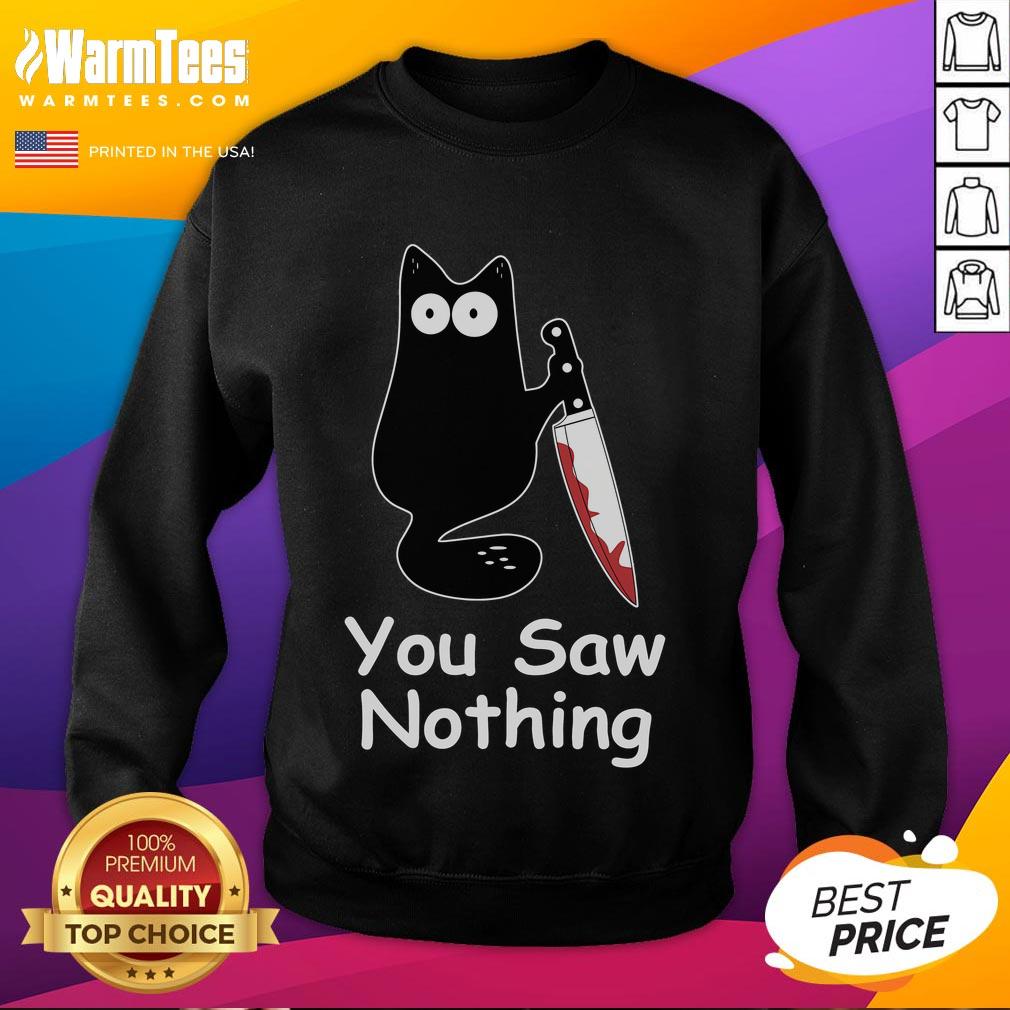 Alt Text: Funny black cat meme sweatshirt featuring a mischievous cat captioned You saw nothing in playful font.