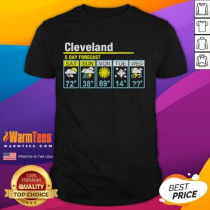 Funny Cleveland 5 Day Forecast T-Shirt featuring humorous weather graphics and playful text for Cleveland fans.