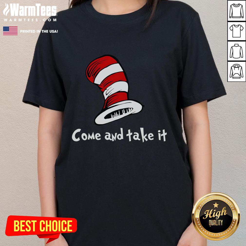 Funny Come and Take It hat on a stylish lady wearing a tee, showcasing a playful and humorous design.