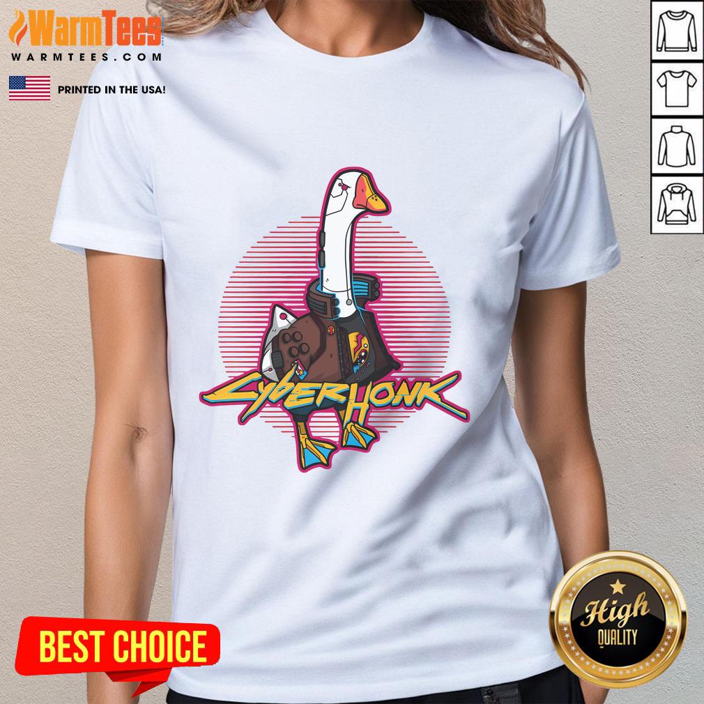 Alt Text: Funny Cyberhonk Silly Goose Cyberpunk Ladies Tee featuring vibrant graphics and a playful design for trendy outfits.