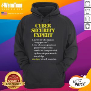 Funny cybersecurity definition hoodie worn by an expert computer engineer, showcasing humor in tech fashion.