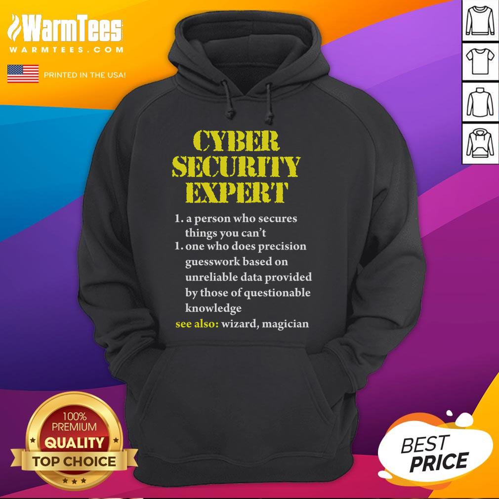 Funny cybersecurity definition hoodie worn by an expert computer engineer, showcasing humor in tech fashion.