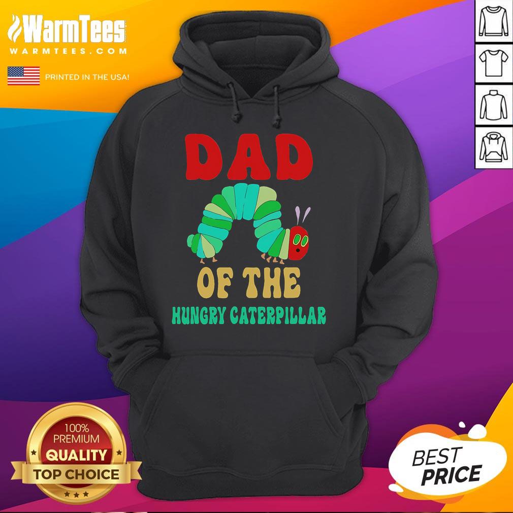 Funny dad wearing a cute Hungry Caterpillar birthday hoodie, celebrating with joy and laughter.