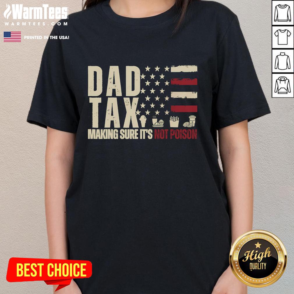 Funny dad in a USA flag tee, playfully checking tax forms with a humorous twist. Perfect for tax season laughs!